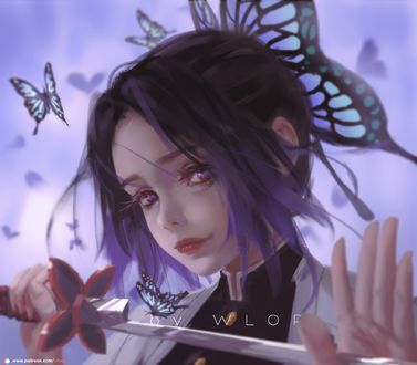 Обои на рабочий стол Kochou Kochou Shinobu / Кочо Шинобу из аниме Kimetsu no Yaiba / Клинок, рассекающий демонов, by wlop