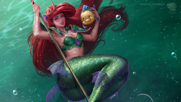 Обои на рабочий стол Ariel / Ариэль и Flounder / Флаундер из мультфильма The Little Mermaid / Русалочка, by Prywinko