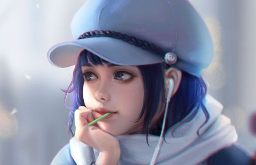 Обои на рабочий стол Девушка с наушниками в фуражке, by nishihiku