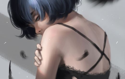 Обои на рабочий стол Девушка стоит к нам спиной под падающими перьями, by nishihiku