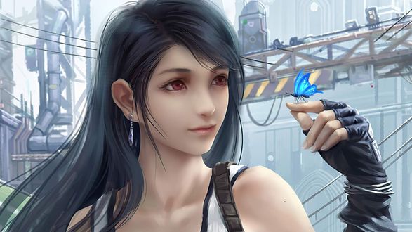 Обои на рабочий стол Tifa Lockhart / Тифа Локхарт смотрит на сидящую бабочку на пальце, из аниме и игры Final Fantasy VII: Advent Children / Последняя фантазия VII: Дети пришествия, by Peng Wang