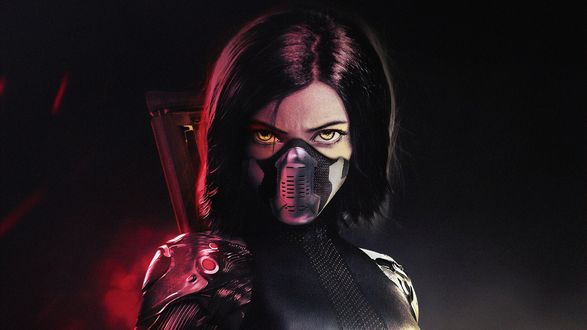 Обои на рабочий стол Девушка Alita / Алита с макой на лице, фильм Alita: Battle Angel / Алита: Боевой ангел
