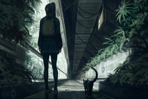 Обои на рабочий стол Девочка идет рядом с кошкой, by guweiz