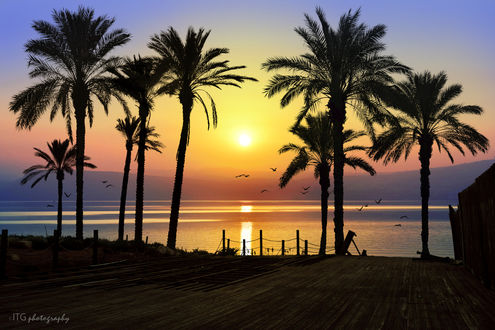 Обои на рабочий стол Закат на Lebanon Beach, Sea of Galilee, Israel / Ливанском пляже, Галилейское море, Израиль, by ITG photography