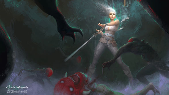 Обои на рабочий стол Ciri / Цирилла в битве с монстрами, арт к игре The Witcher / Ведьмак, by Carlo-Marcelo