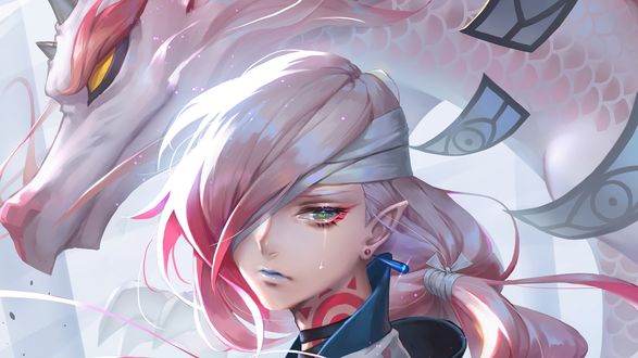 Обои на рабочий стол Плачущая девушка-эльф и белый дракон из игры Onmyoji
