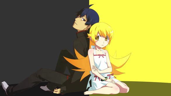 Обои на рабочий стол Koyomi Araragi / Коеми Арараги и Oshino Shinobu / Ошино Шинобу из аниме Bakemonogatari / Истории Монстров, by SaitamaOP