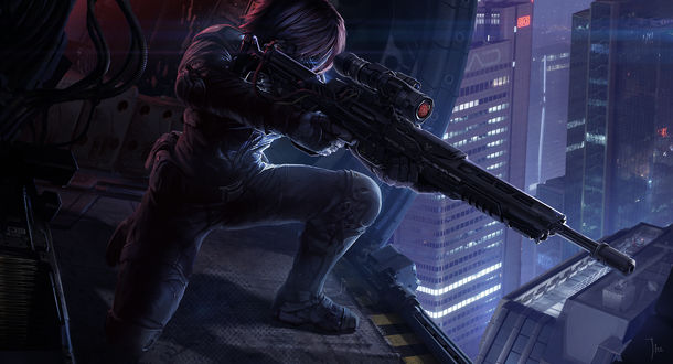 Обои на рабочий стол Motoko Kusanagi / Мотоко Кусанаги встала на колено в вертолете, целясь из снайперской винтовки, из аниме Ghost in the Shell / Призрак в доспехах, by LeeJJ