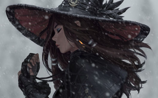 Обои на рабочий стол Девушка в шляпе под снегопадом, by guweiz
