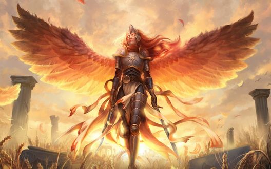 Обои на рабочий стол Девушка - воин Aurelia с крыльями за спиной, игра Magic the Gathering, by Justyna Gil