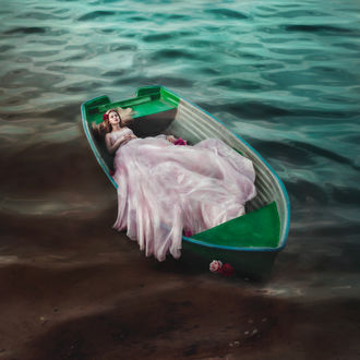 Обои на рабочий стол Модель в длинном платье лежит в лодке на воде, by Marlena Pyszczek Photography