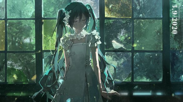 Обои на рабочий стол Vocaloid Hatsune Miku / Вокалоид Хатсунэ Мику стоит у окна
