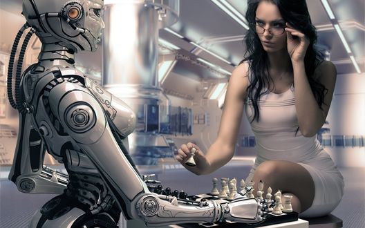Обои на рабочий стол Девушка играет с роботом в шахматы, by Vitaliy Sokol / Виталий Сокол