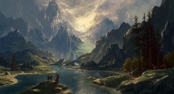 Обои на рабочий стол Девушка и животные стоят у озера в горном ущелье, by Philipp A. Urlich