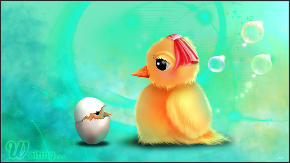 Обои на рабочий стол Цыпленок напротив яйца с цыпленком, by ann0314