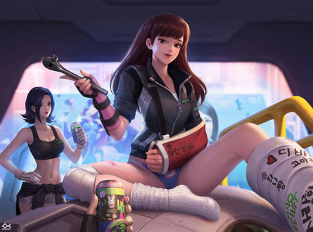 Обои на рабочий стол D. VA Hana Song / Ханна Сон и D. Mon / Yuna Lee / Юна Ли из игры Overwatch / Дозор, by Citemer Liu