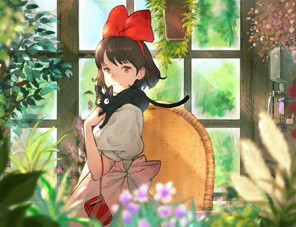 Обои на рабочий стол Kiki / Кики и Jiji / Джиджи из аниме Kikis Delivery Service / Служба доставки Кики / Ведьмина служба доставки