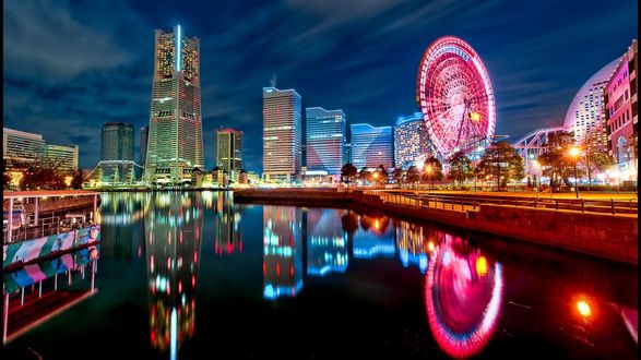 Обои на рабочий стол Огни ночного города Tokyo, Japan / Токио Япония отражается в воде