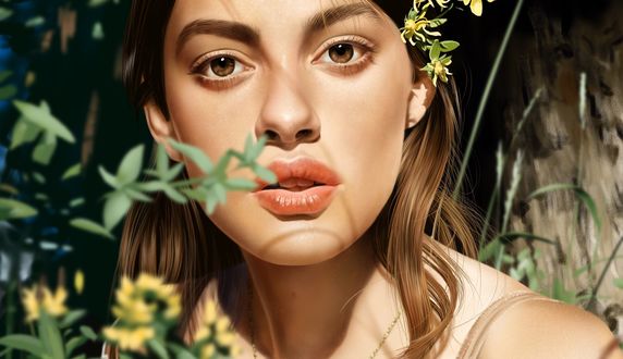 Обои на рабочий стол Актриса Diana Silvers / Диана Сильверс стоит у цветущей ветки, автор Jinsung Lim