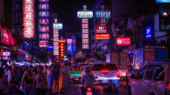 Обои на рабочий стол Огни ночного города чайна-таун Bangkok, Thailand / Бангкок, Таиланд