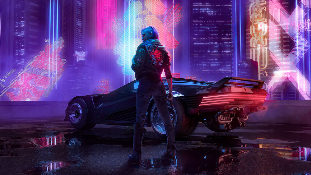 Обои для рабочего стола Девушка Cyberpunk 2077 в короткой кожаной куртке с пистолетом стоит около машины на мигающей рекламы и небоскребов