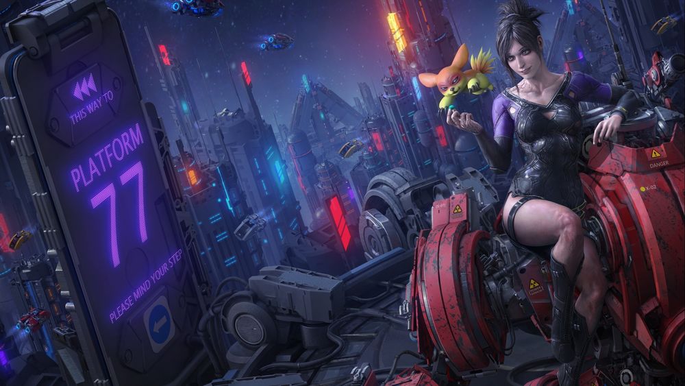 Обои для рабочего стола Красивая девушка Cyberpunk 2077 сидит на крыше космического мегаполиса со зверьком в руке на фоне рекламы и пролетающих космических кораблей