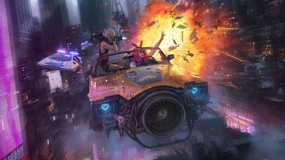 Обои для рабочего стола Девушки Cyberpunk 2077 уходят от погони полицейских на космическом летающим автомобиле взрывая одну машину из гранатомета