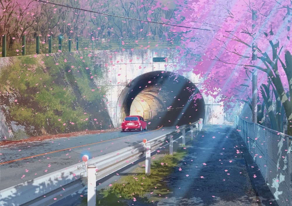 Обои для рабочего стола Розовое авто на дороге перед тоннелем