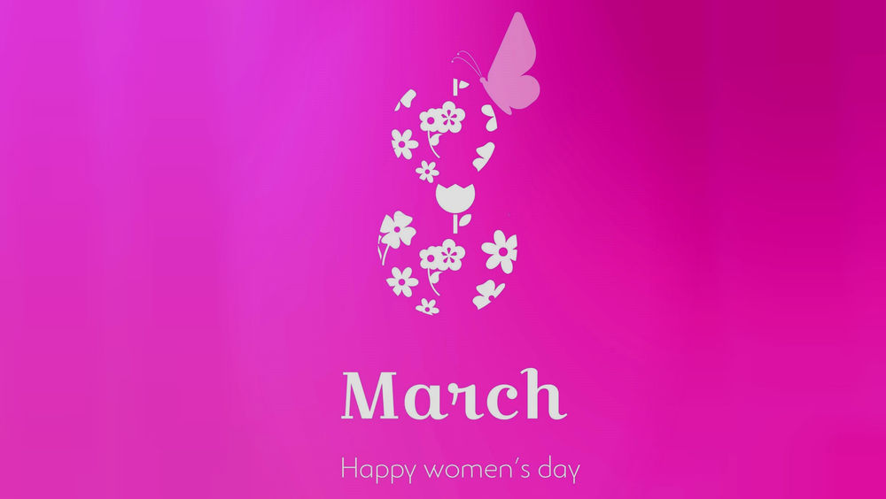 Обои для рабочего стола На розовом фоне цифра из цветов и надпись 8 марта (Happy Womens Day / Счастливого женского дня)