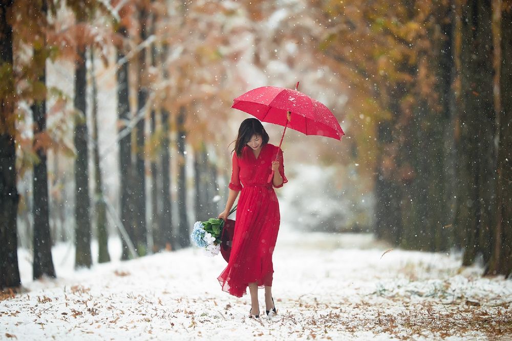 Обои для рабочего стола Девушка в красном платье, с красным зонтом и букетом цветом идет по заснеженной дороге, by Smoothy