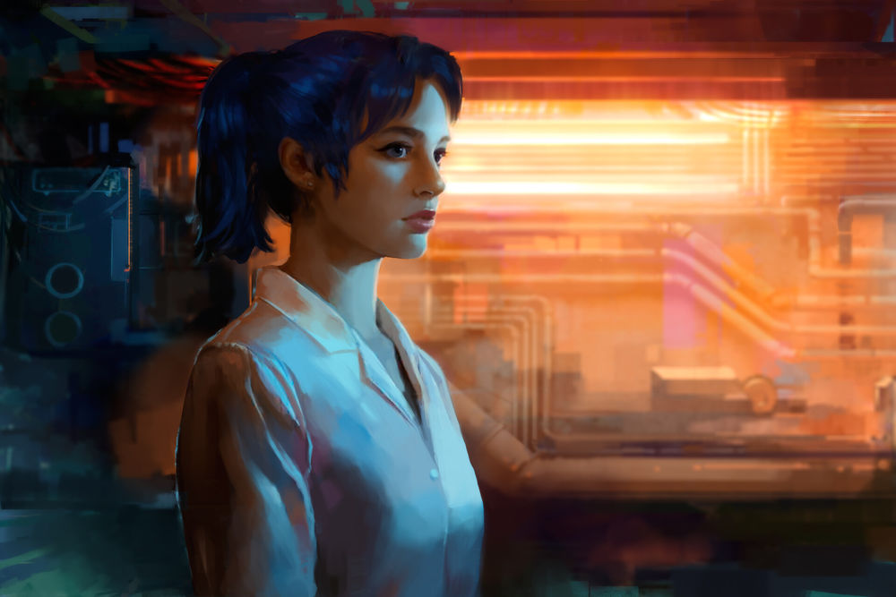 Обои для рабочего стола Девушка-Cyberpunk / Киберпанк в лаборатории, by Sofia Sanz