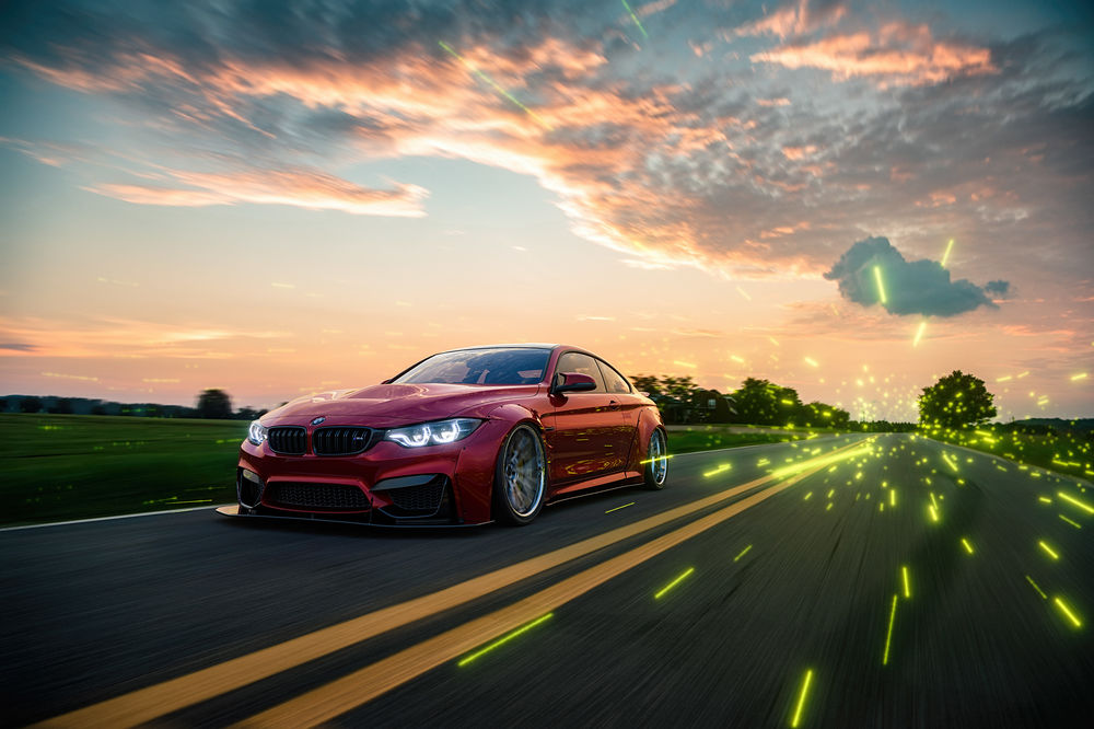 Обои для рабочего стола Красный BMW 3 series мчится по загородному шоссе на фоне зеленого свечения, by Sergey Poltavskiy