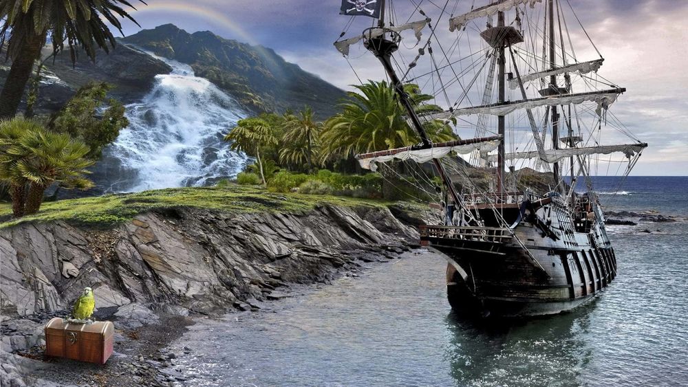 Обои для рабочего стола Пиратская шхуна дрейфует у берега на фоне горы с водопадом