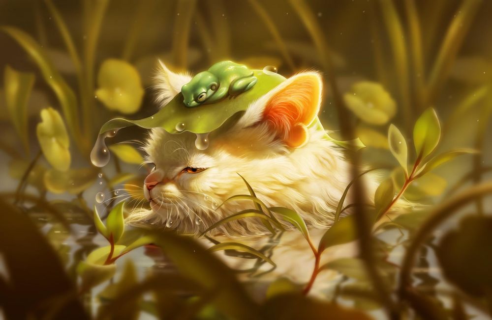 Обои для рабочего стола Кошка с лягушкой на голове среди растений, by Pixxus