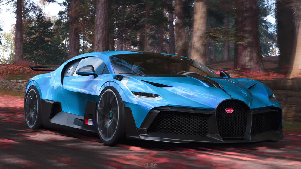 Обои для рабочего стола Черно-голубой гиперкар Bugatti Divo / Бугатти Диво мчится по лесной трассе, из игры Need For Speed