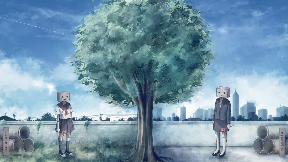 Обои для рабочего стола Две девочки с головой в виде коробок стоят по обе стороны дерева
