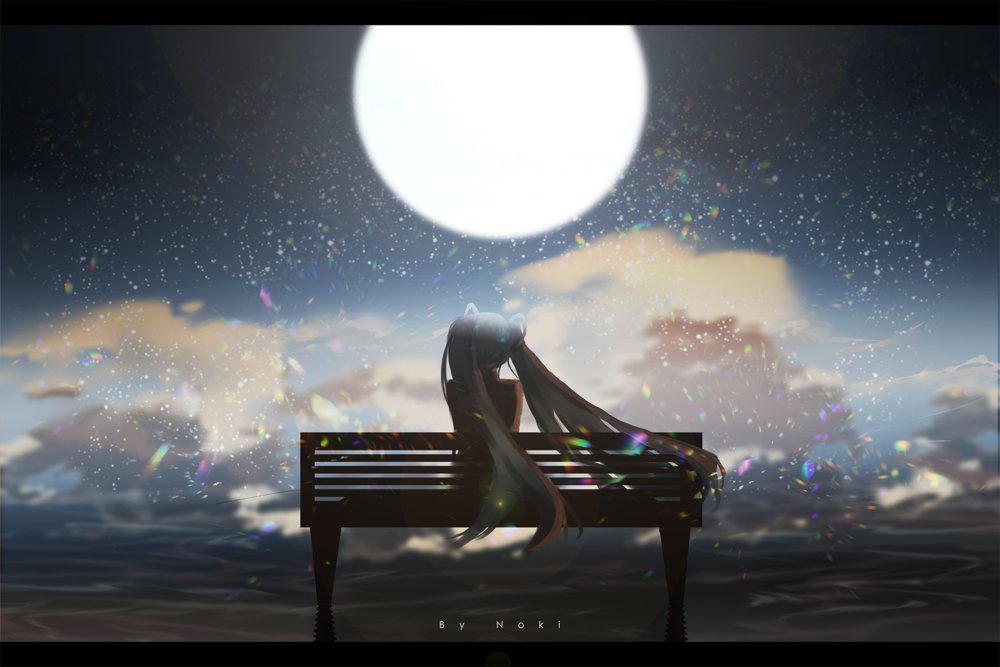 Обои для рабочего стола Vocaloid Hatsune Miku / Вокалоид Хатсунэ Мику сидит на скамейке, стоящей на морском берегу, ночью, by Noki