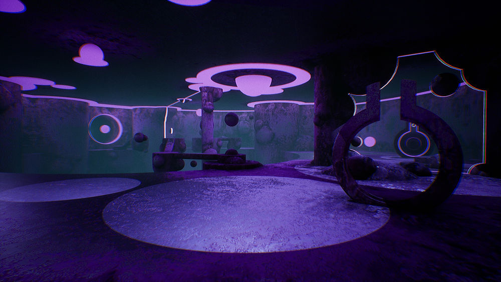 Обои для рабочего стола Комната с зеркалами в фиолетовых цветовых оттенках, будущей игры жанра шарикокаталка Venineth от разработчика Venineth Team