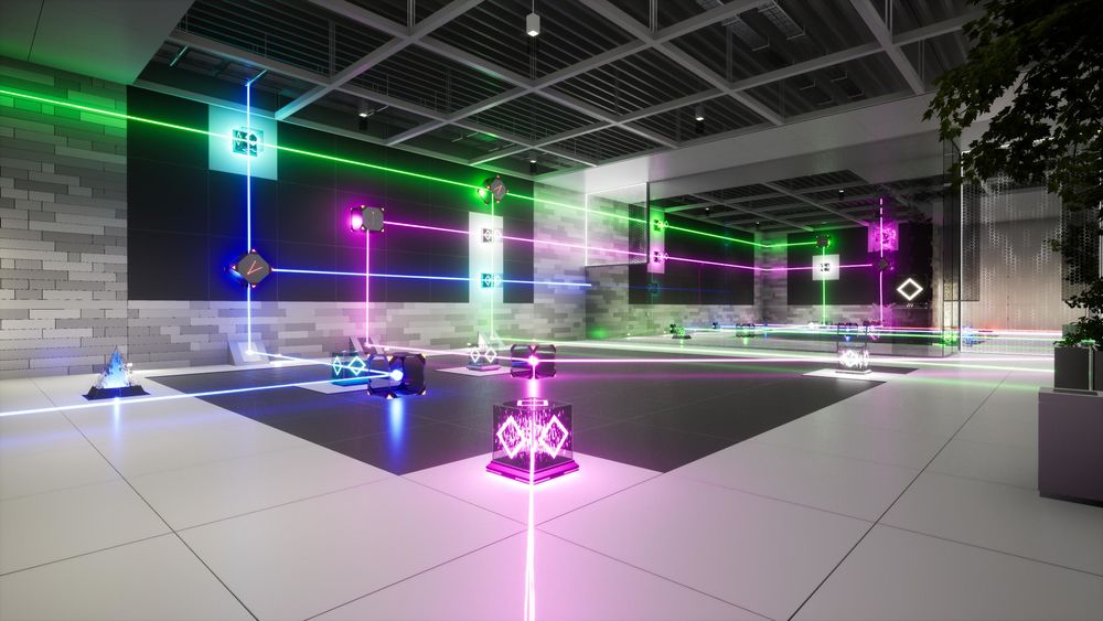 Обои для рабочего стола Испытательная комната со стеклянными кубами, лежащими на полу и встроенными в стену из игры RETHINK 3 разработчика Yaeko