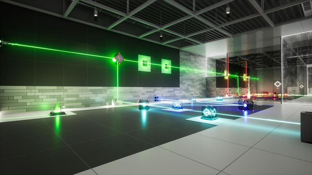 Обои для рабочего стола Испытательная комната исследовательского центра с лазерами синего и зеленых цветов из игры RETHINK 3 разработчика Yaeko