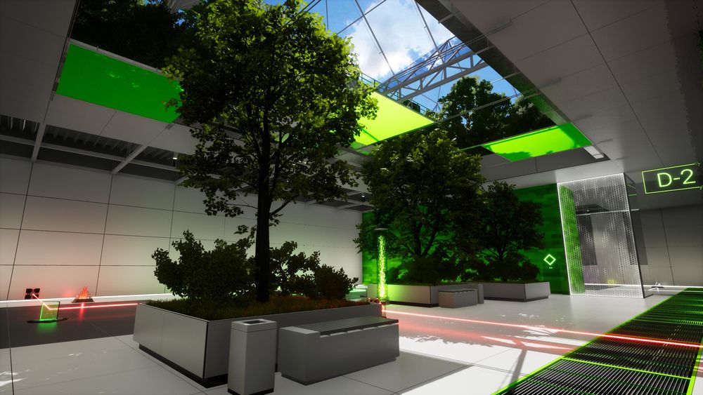 Обои для рабочего стола Комната исследовательского центра, стены и частично потолок которого облицованы в зеленую панель, паркет или плитку, с высаженными в клумбах деревьями и кустарниками, а также лазером красного цвета и предметом, в виде сдерживающего силового поля которые не пропускает тот или иной цвет лазера, кроме зеленого, игра RETHINK 3, разработчик Yaeko