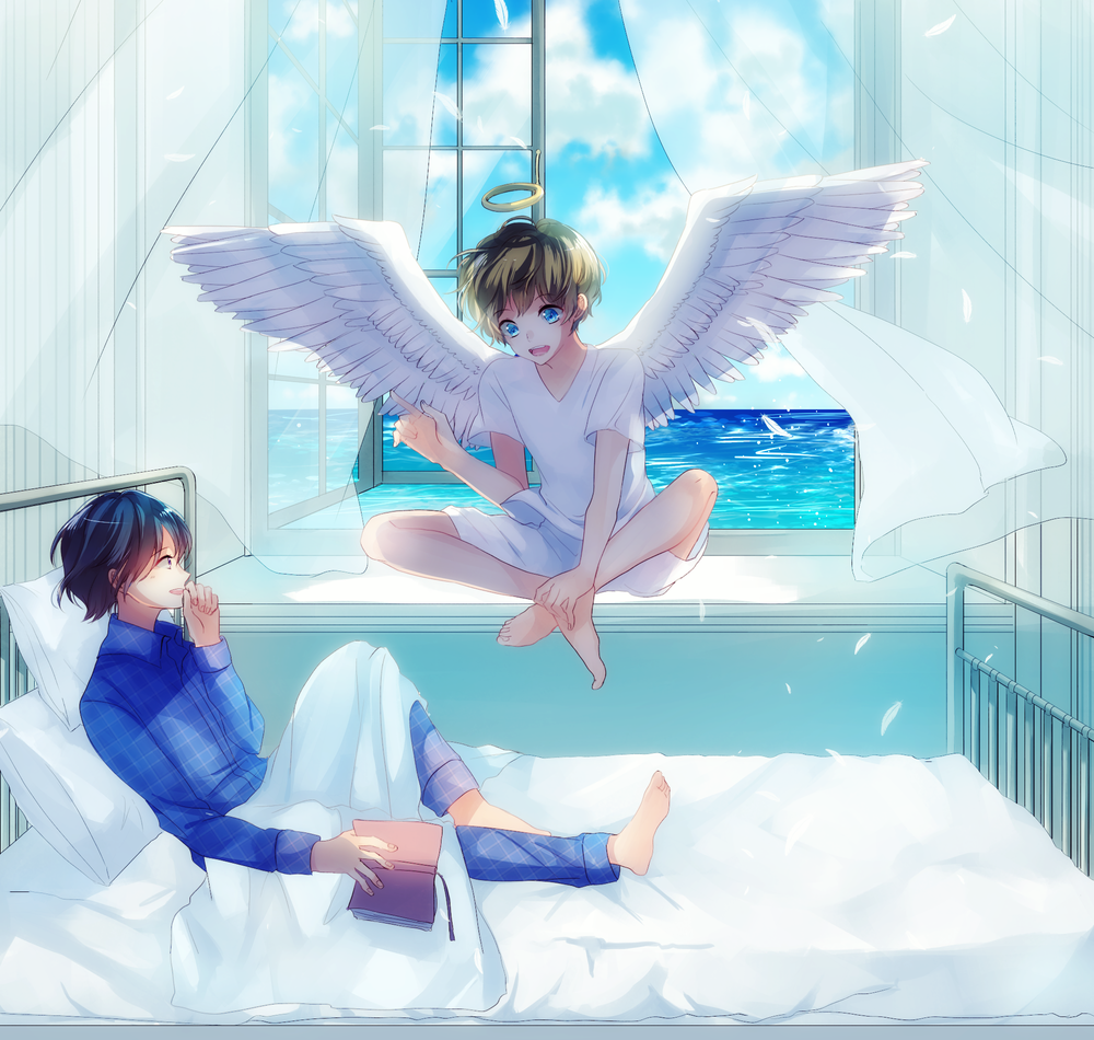 Обои для рабочего стола Парень лежит на кровати и другой мальчик - ангел сидит у окна