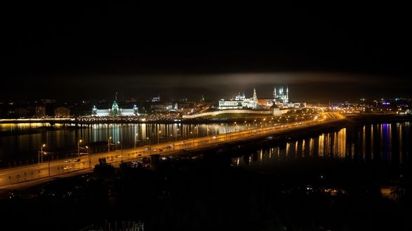 Обои на рабочий стол Огни ночного города, Кремль, мечеть, Казань, Россия / Kazan, Russia