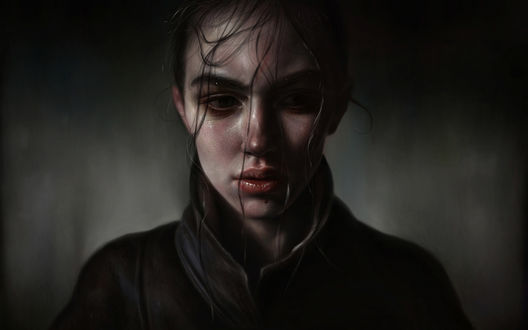 Обои на рабочий стол Рисунок грустной девушки с мокрыми волосами, by Elena Sai