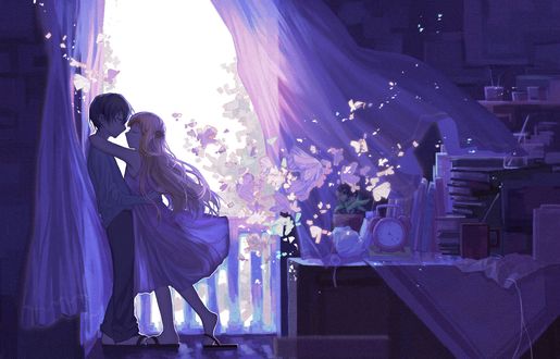 Обои на рабочий стол Девочка с мальчиком стоят у открытой двери балкона, by Xiao Shi Song Bing