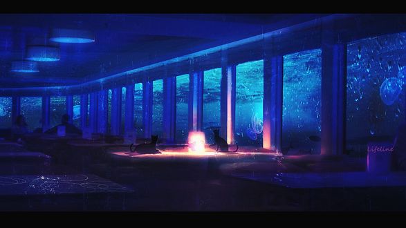 Обои на рабочий стол Две кошки на столике в подводном кафе, by Lifeline