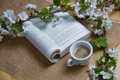 Обои на рабочий стол Чашка кофе стоит рядом с книгой и весенними цветущими веточками вишни, by Anrita