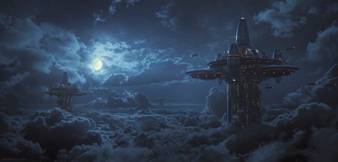Обои на рабочий стол Станции ЛЕМ в облаках, by Wojtek Fus