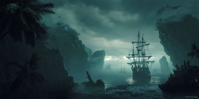 Обои на рабочий стол Корабль причалилвает к берегу, by Wojtek Fus