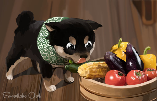 Обои на рабочий стол Щеночек с пестрым платочком рядом с овощами, by Snowflake-owl